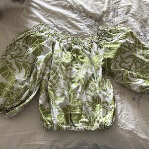 Rachel Zoe Green and White Off-Shoulder Puff Sleeve Blouse